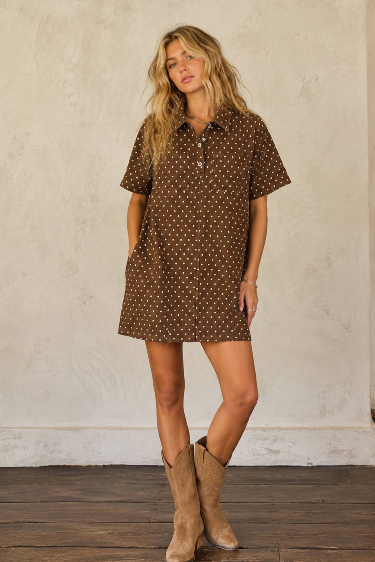 Polka Dot Brown Denim Shirt Dress