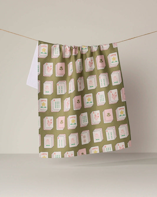 Flower Green Mahjong Tiles Tea Towel