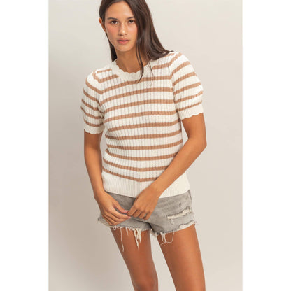Striped Scallop Edge Taupe Puff Sleeve Knit Top