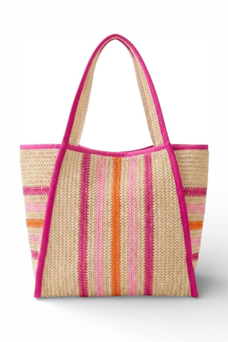 Natural Straw Tote With Multi Color Stripes