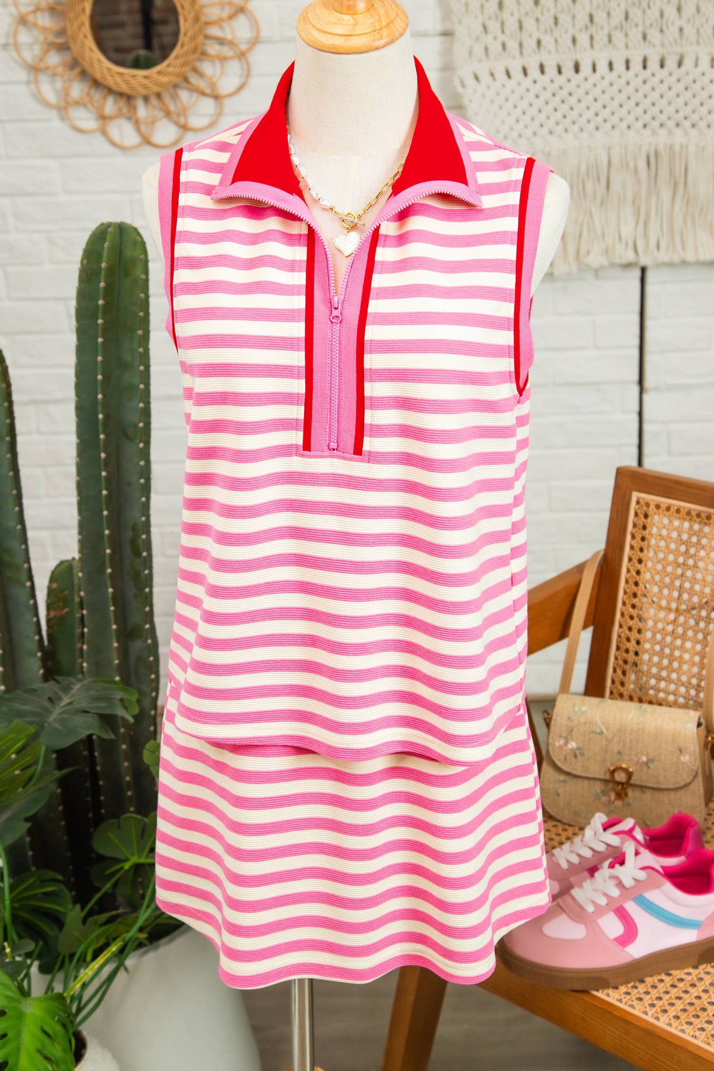 Sachet Pink Striped Sleeveless Polo Two-Piece Set