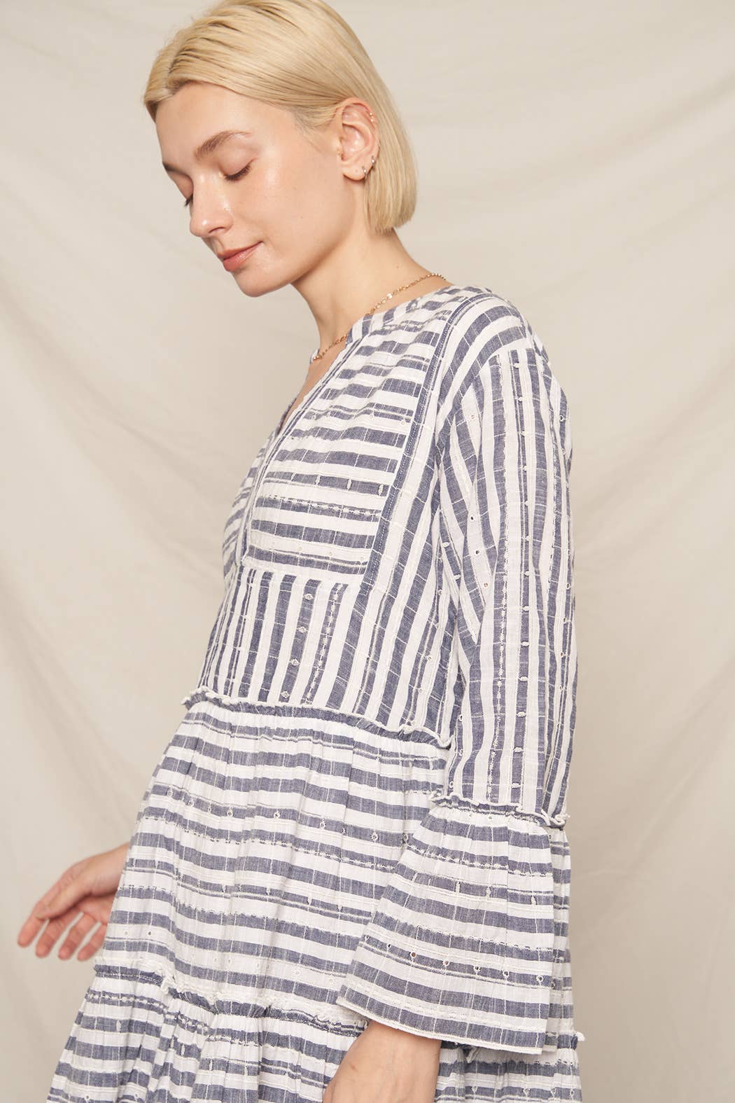 Navy Ivory 3/4 Sleeve V-Neck Striped Tiered Mini Dress