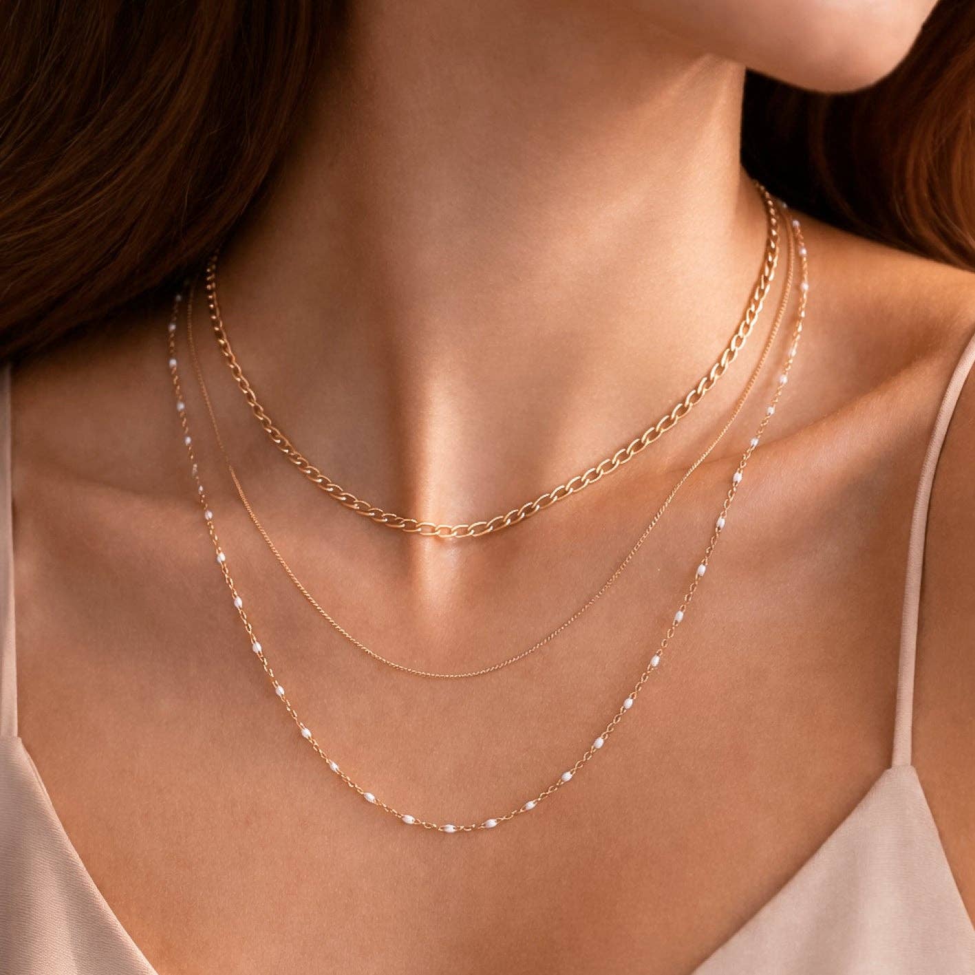 18K Gold Plated Waterproof Stainless Steel Layered Chain Necklace