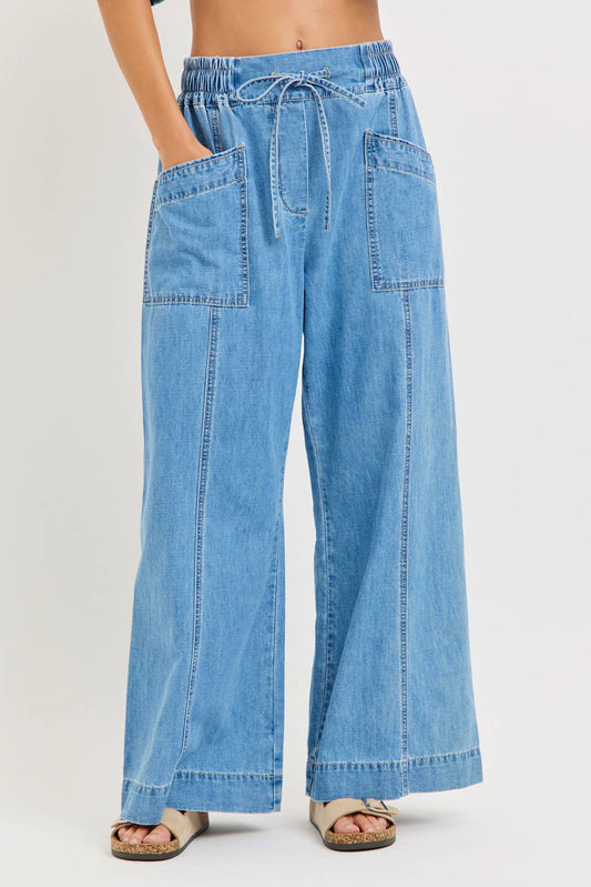 Denim Pull On Wide-Leg Pants