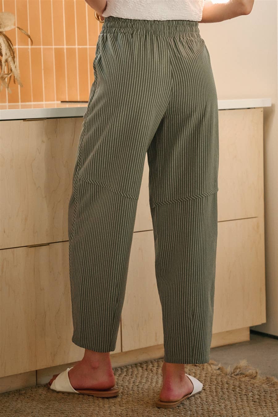 Olive Oatmeal Linen Striped Relax Pants
