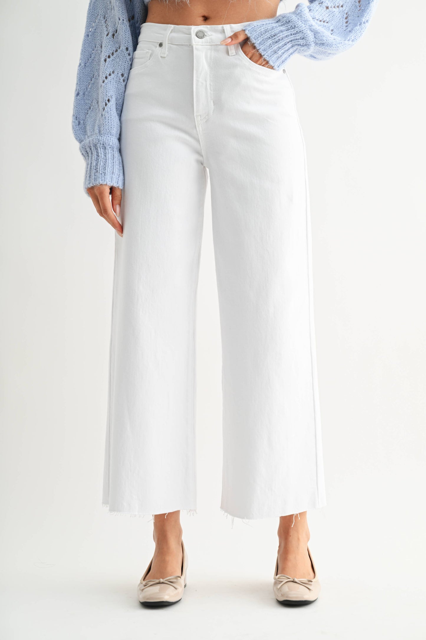 Optic White Scissor Cut Wide Leg Jeans