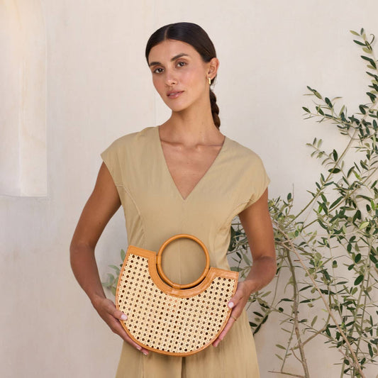 Brown Leather Square Cane Weave Rattan Handbag