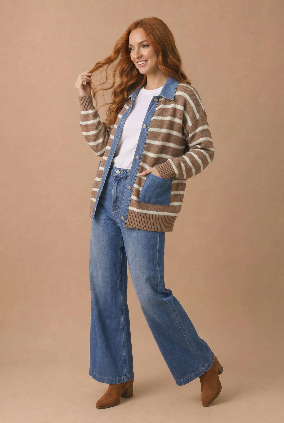 Denim Button Down Stripe Sweater Cardigan