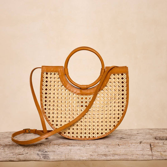 Brown Leather Square Cane Weave Rattan Handbag
