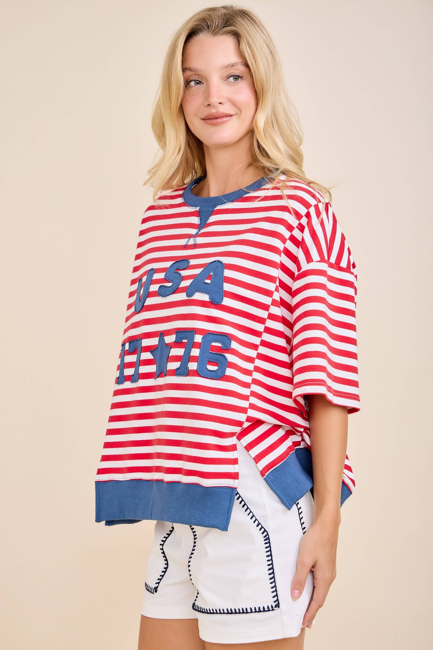 USA Rope Embroidery Striped Top