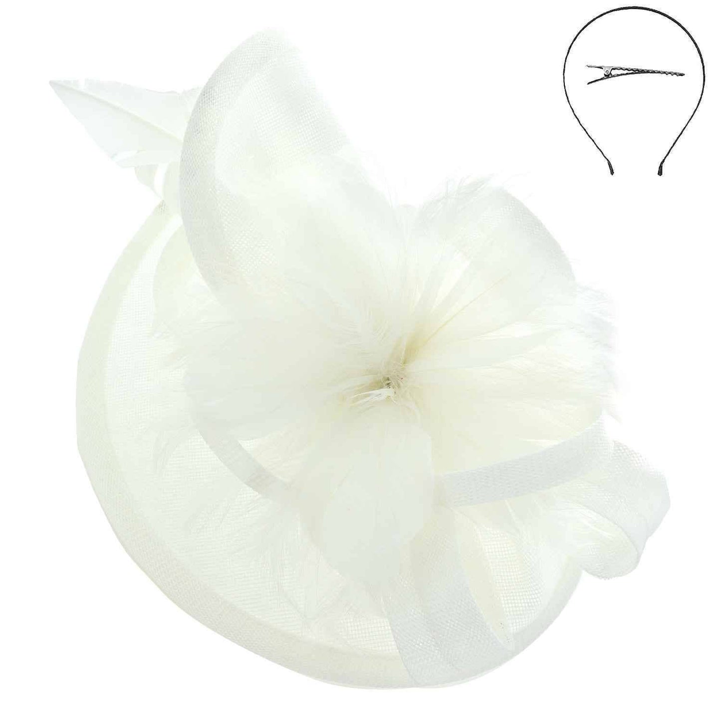 White Fabric Mesh Feather Loop Fascinator Headband/Clip