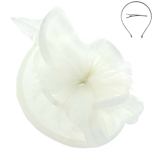White Fabric Mesh Feather Loop Fascinator Headband/Clip