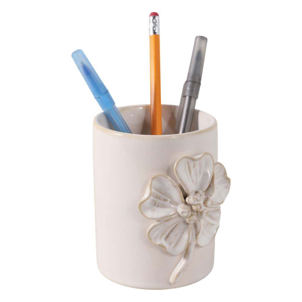 Ivory Ceramic Flower Pencil Cup (4 in.)