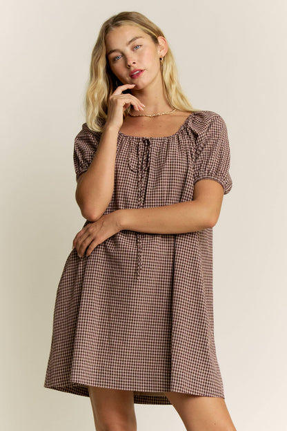 Gingham Mocha Puff Sleeve Drawstring Neck Dress