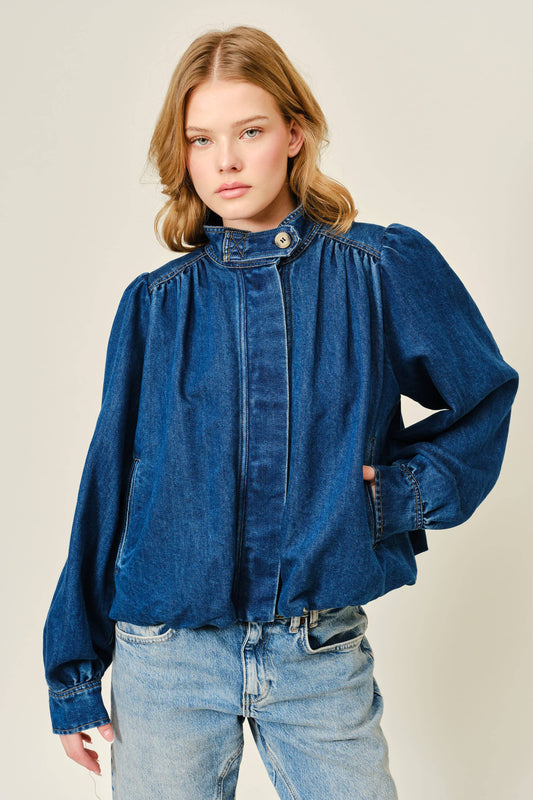 Dark Denim Bubble High Neck Denim Jacket