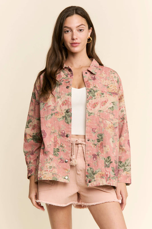 Pink Floral Print Denim Shacket