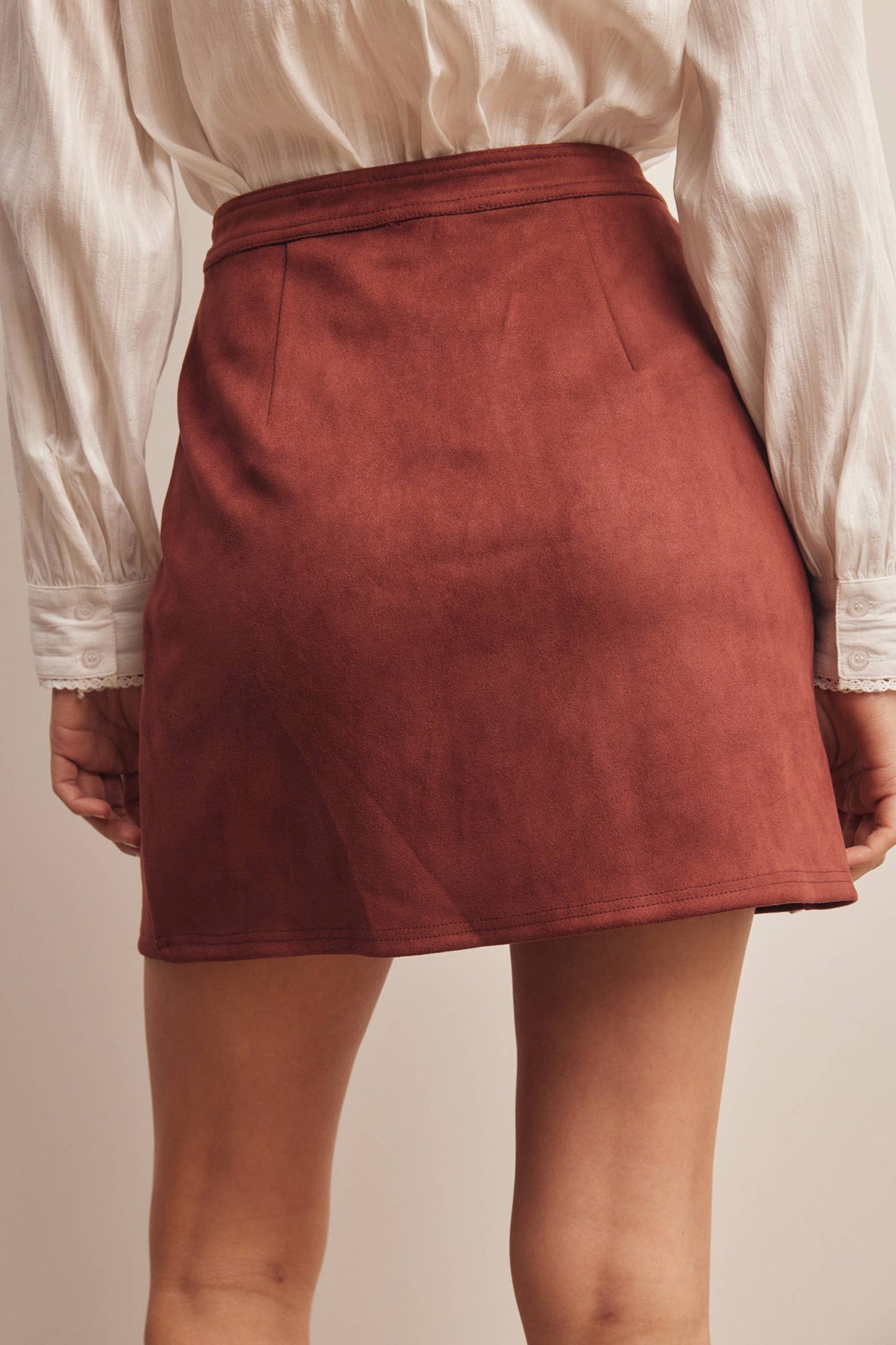 Burgundy Stretch Suede Button Front Mini Skirt
