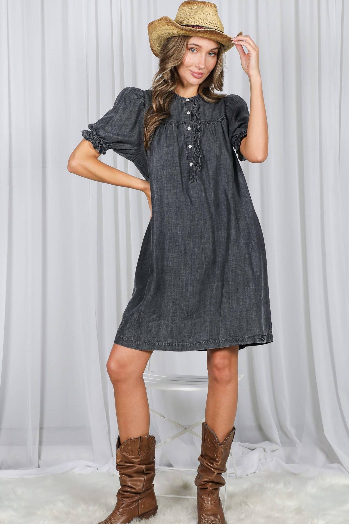 Black Denim Ruffle Detail Chambray Mini Dress