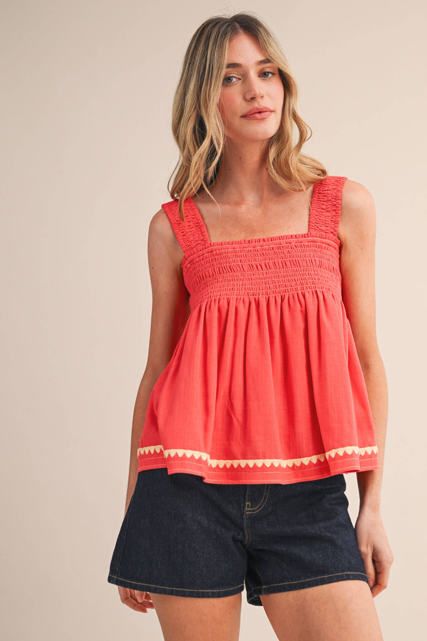 Sleeveless Coral Red Smocked Swing Top