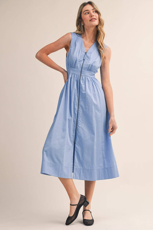 Zipper Front Cornflower Sleeveless Midi Dress