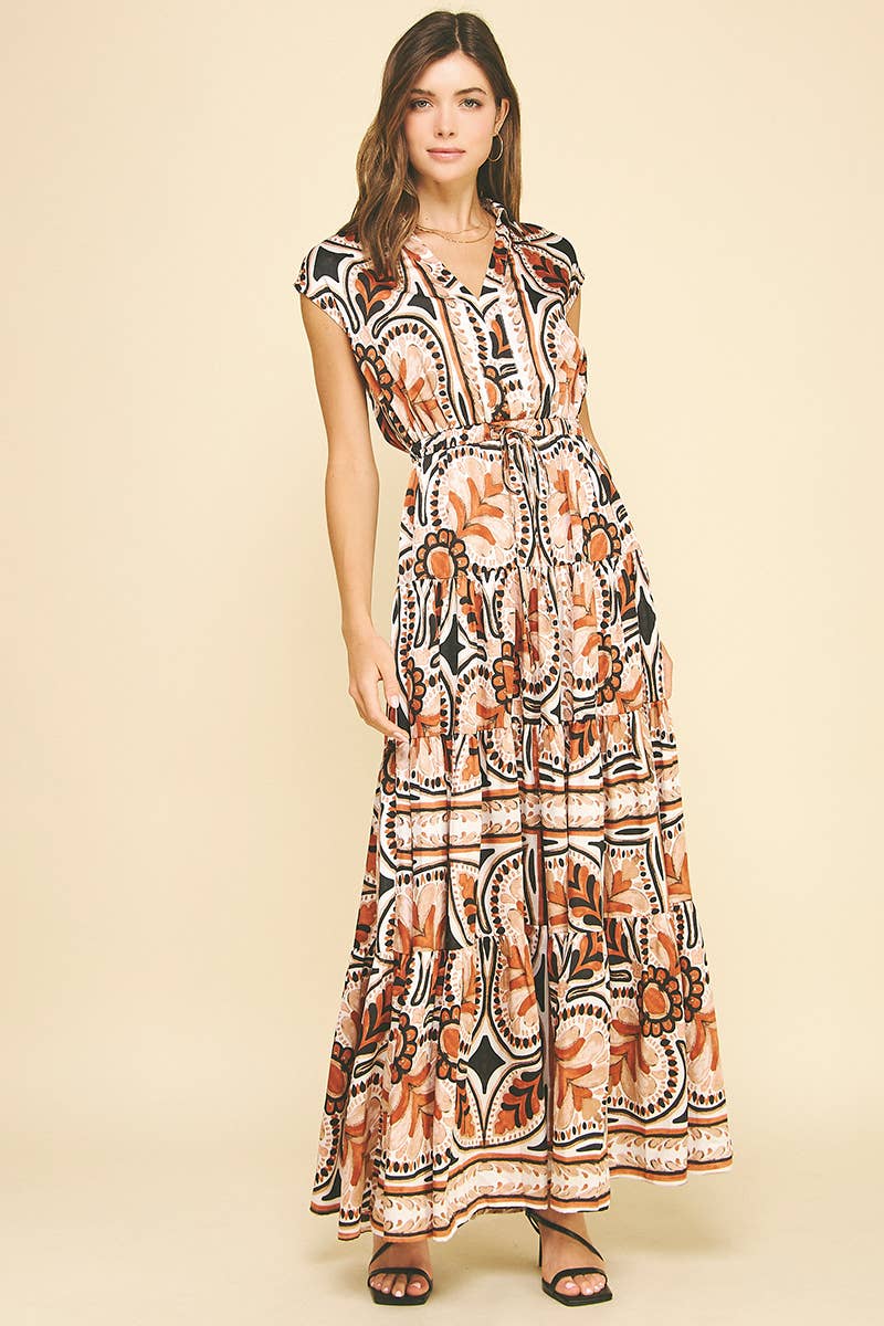 Black/Rust Floral Tiered Maxi Dress