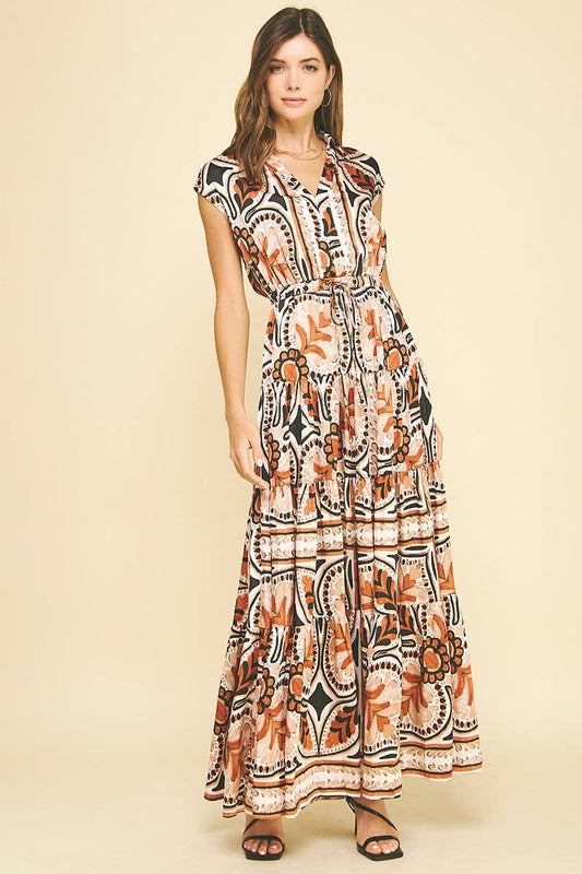 Black/Rust Floral Tiered Maxi Dress