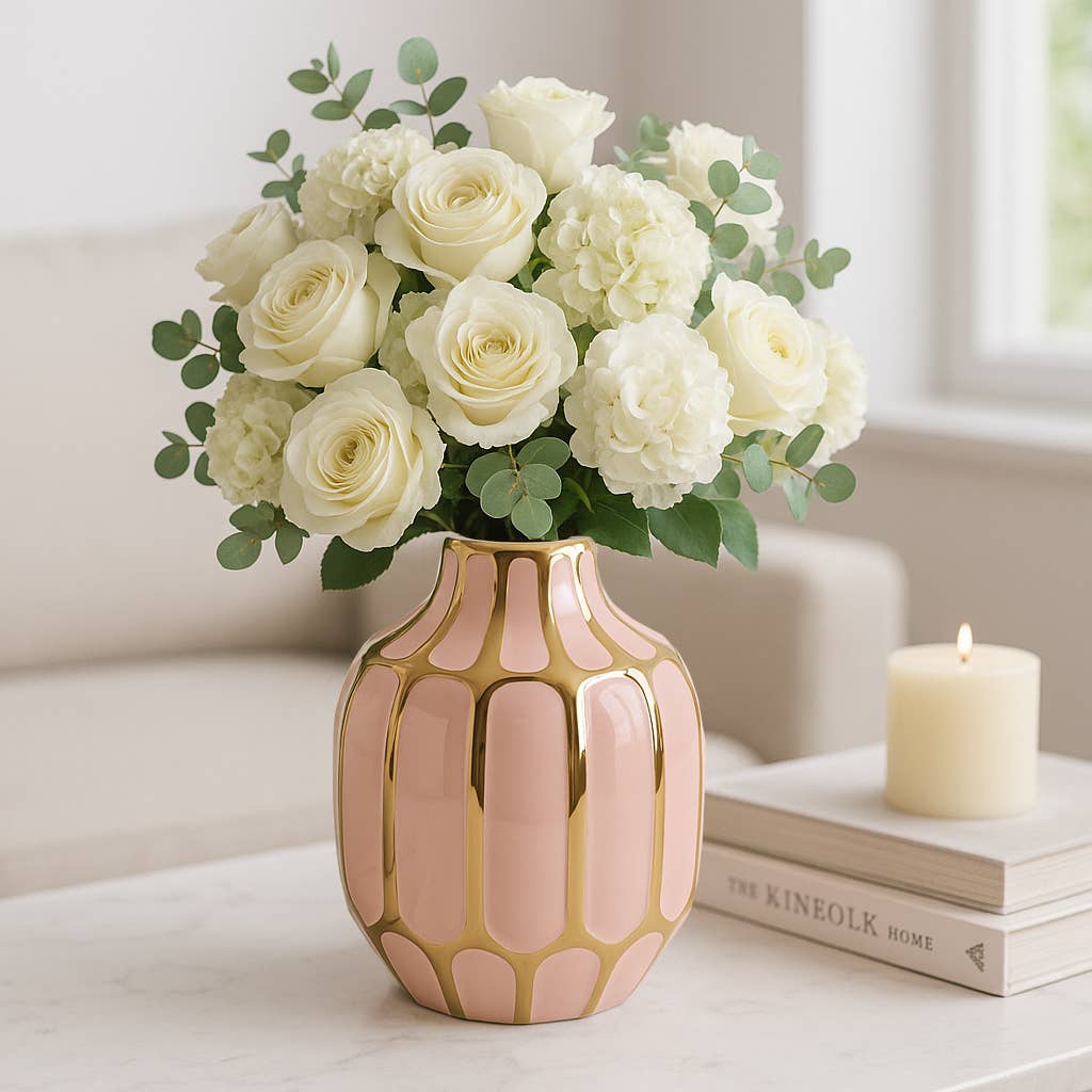 Pink Ceramic Striped Blush Vase (8 in.)