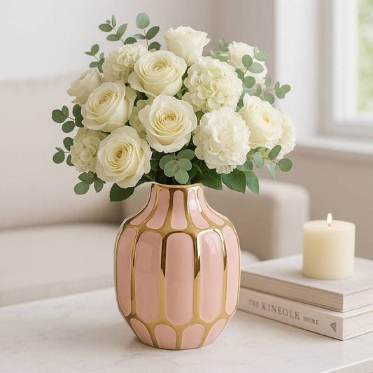 Pink Ceramic Striped Blush Vase (8 in.)