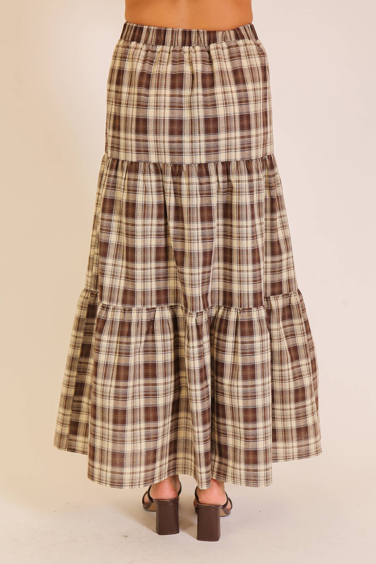 Brown Plaid Tiered Maxi Skirt