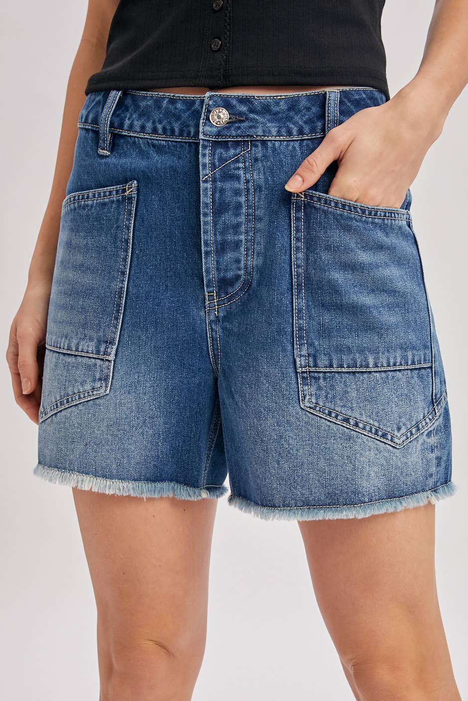 Medium Wash Denim Patch Pocket Barrel Shorts