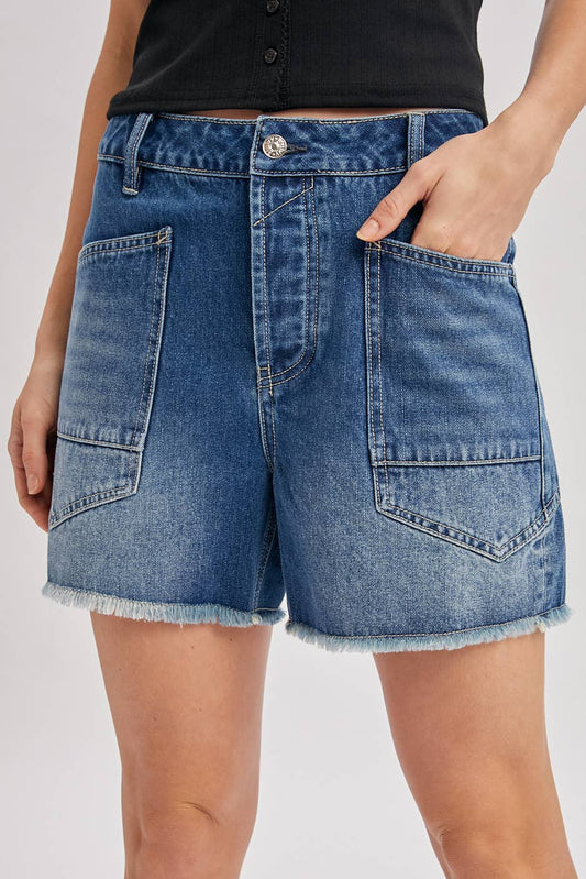 Medium Wash Denim Patch Pocket Barrel Shorts