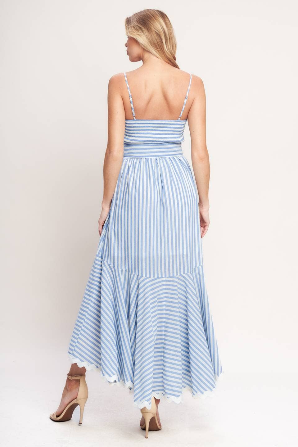 White & Blue Striped Ruffle Hem Midi Dress