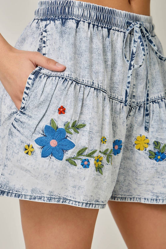 Acid Blue Washed Tencel Embroidered Shorts