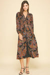Black Leaf Print V-Neck Midi Dress