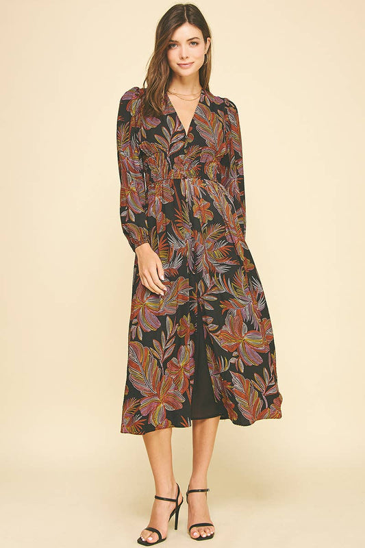 Black Leaf Print V-Neck Midi Dress