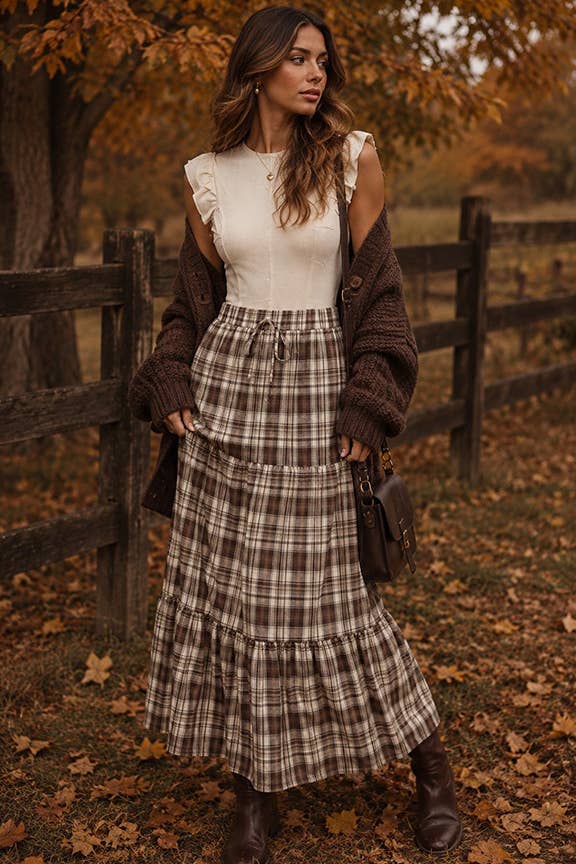 Brown Plaid Tiered Maxi Skirt