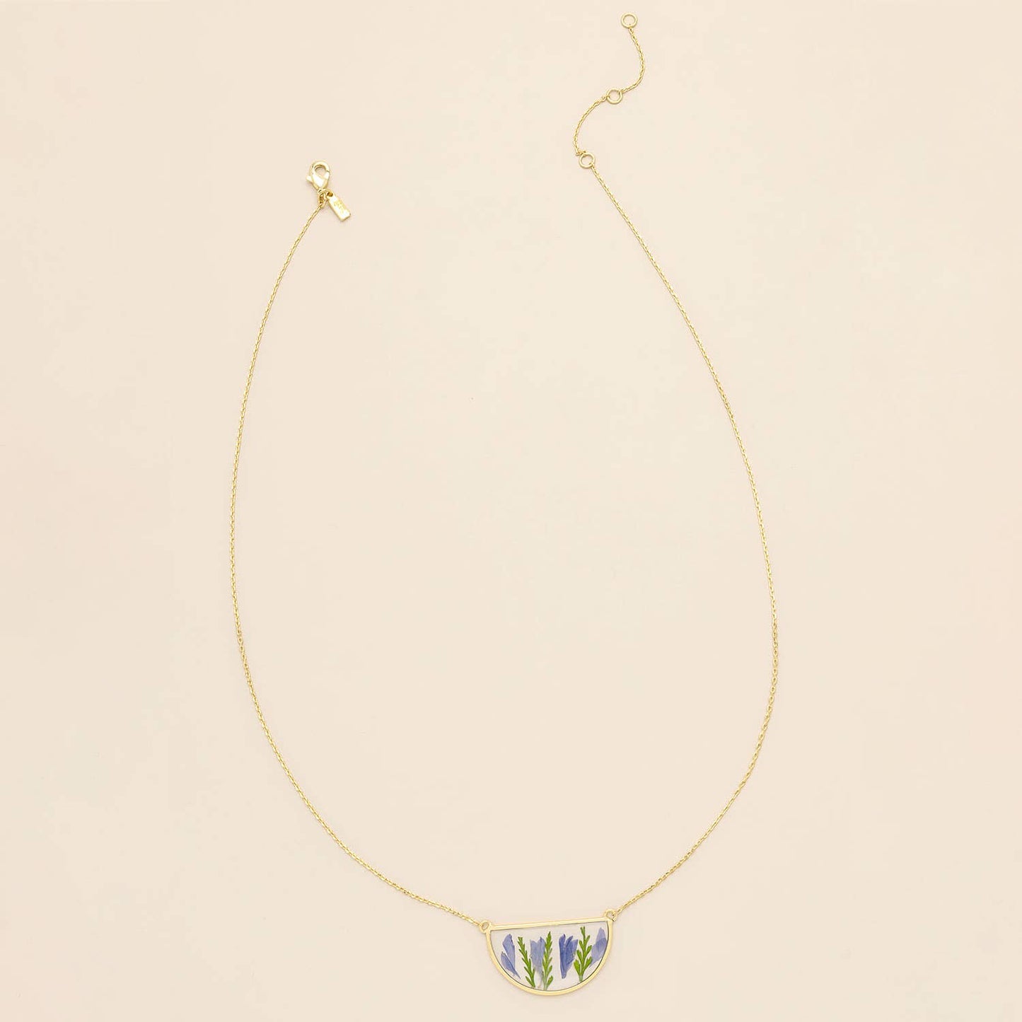Purple Cornflower/Gold Pressed Flower Necklace