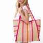 Natural Straw Tote With Multi Color Stripes