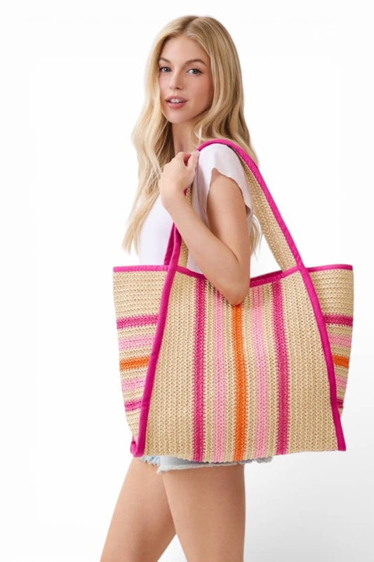 Natural Straw Tote With Multi Color Stripes