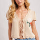 Embroidered Knit Cap Sleeve Open Front Tie Top