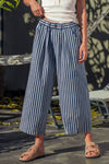 Blue Striped Pleated Wide Leg Culotte Pants