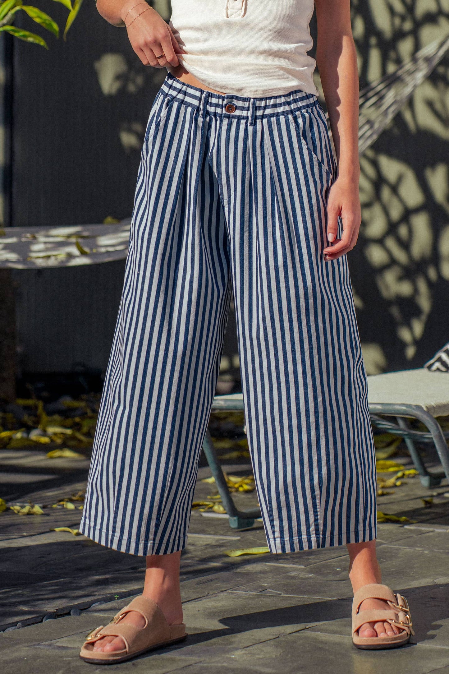 Blue Striped Pleated Wide Leg Culotte Pants