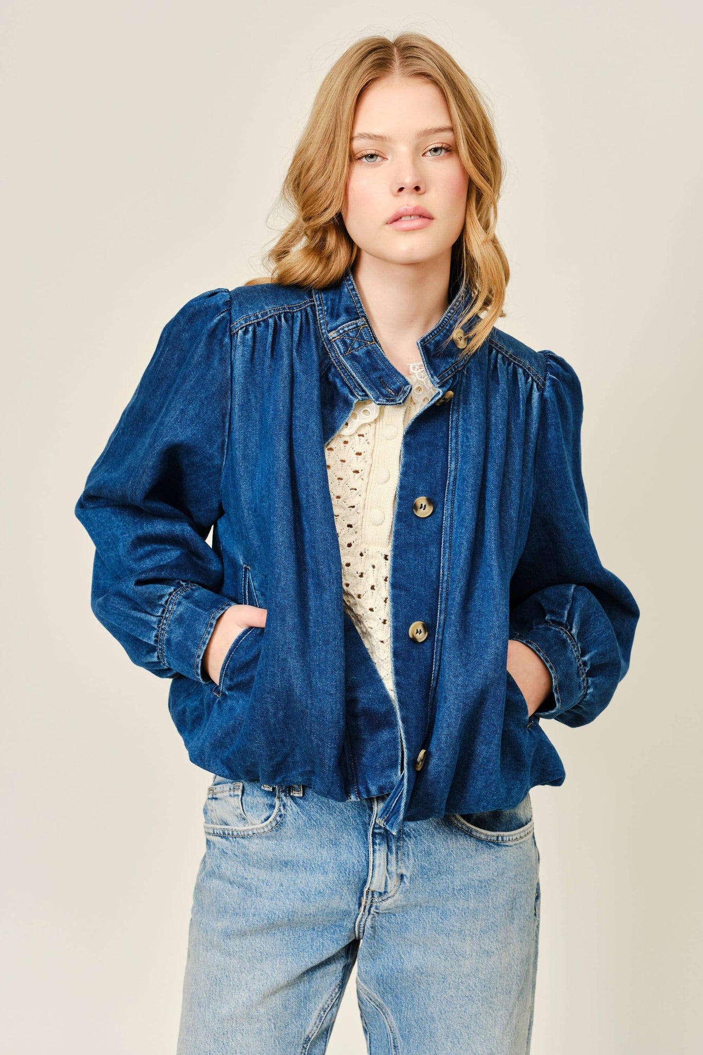 Dark Denim Bubble High Neck Denim Jacket