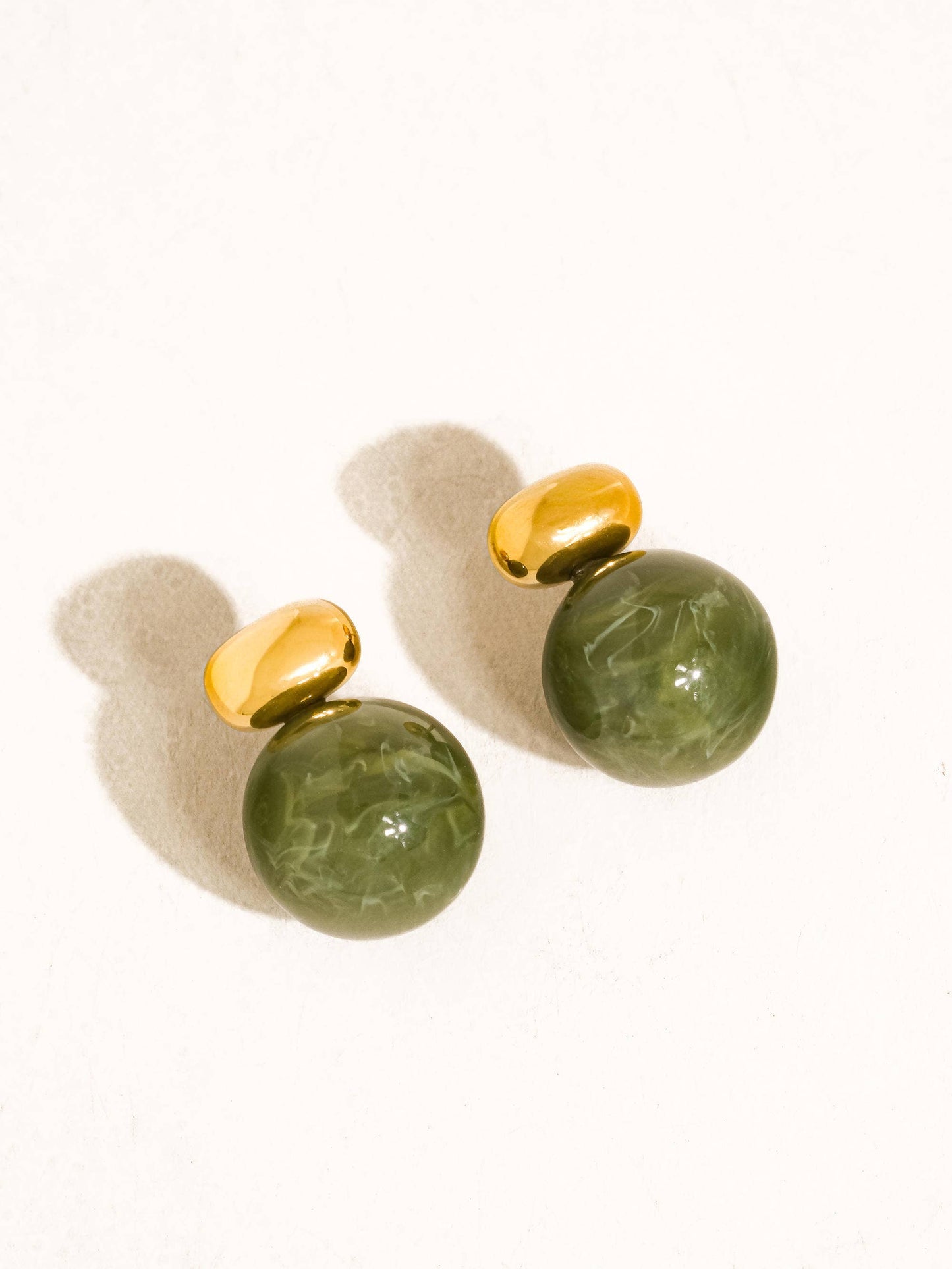 18K Gold Non-Tarnish Green Marble Ball Earrings