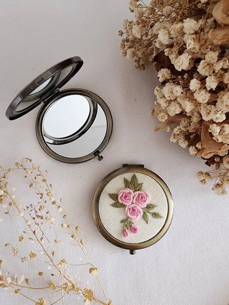 Yellow Flower Floral Embroidered Compact Mirror