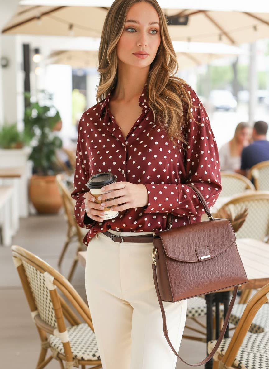 Polka Dot Collared Long-Sleeve Satin Blouse