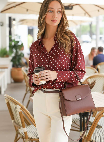 Polka Dot Collared Long-Sleeve Satin Blouse