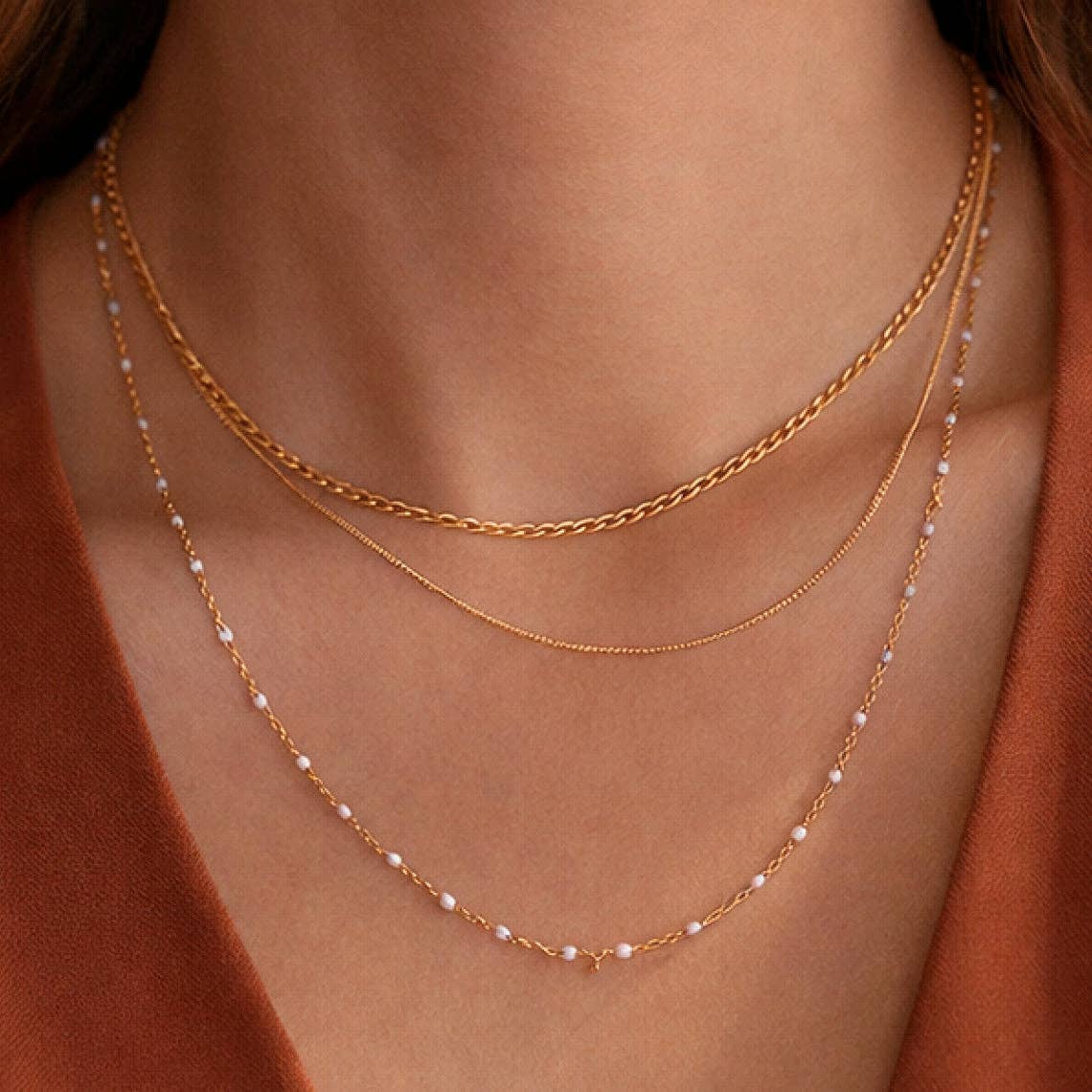 18K Gold Plated Waterproof Stainless Steel Layered Chain Necklace
