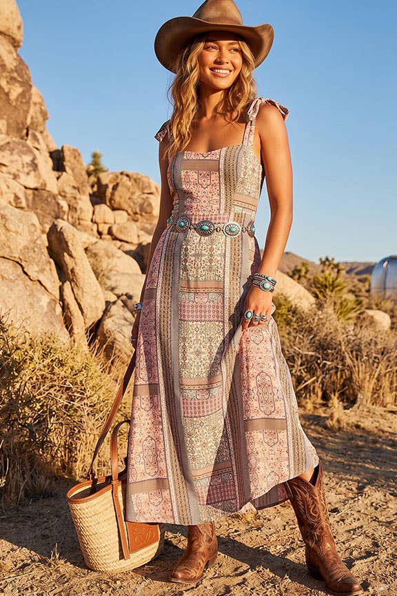 Patchwork Print Tie-Shoulder Maxi Dress