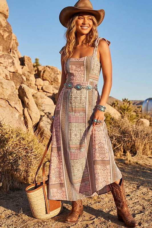 Patchwork Print Tie-Shoulder Maxi Dress